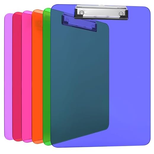 Kiggos 6 Pack Plastic Clipboards Colored Transparent Clear Clip Boards Low Profile Metal Clip Board 12.5 x 9 Inch Letter Size Bulk Class Set Acrylic Clip Boards with Hanging Hook - Holds 100 Sheets
