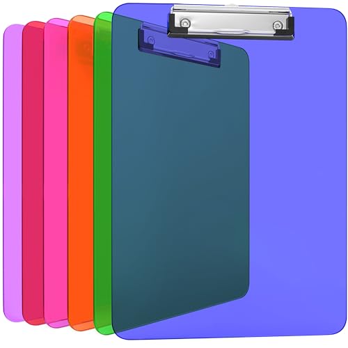 Image of KIGGOS Acrylic Clipboards 12.5 x 9, Transparent Assorted Colored 6 Pack Letter Size Clipboards with Low Profile Metal Clips, Hold up to 100 Sheets, Lightweight Set for Classroom, School, Office & Home