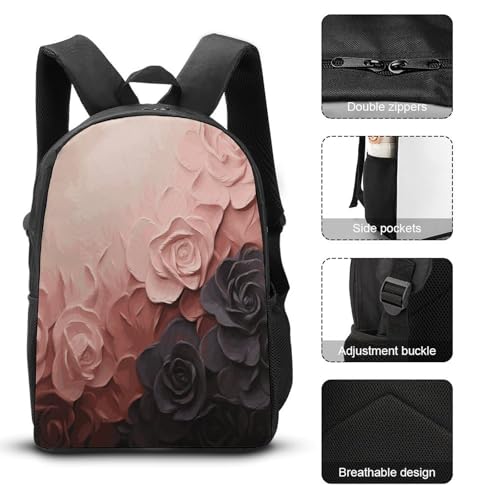 Printed Backpack With Lunch Pack Storage Box Case Rose Color Blush And Black 3pcs Lightweight Travel Backpack3