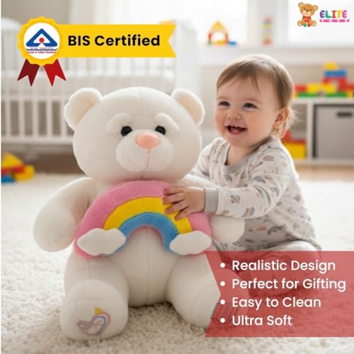 Image of 40 CM Rainbow Bear Plush Toy | Super Soft Stuffed Teddy for Kids | Cute White Teddy Holding Rainbow for Girls & Boys | Ultra Cuddly Soft Toy for Children