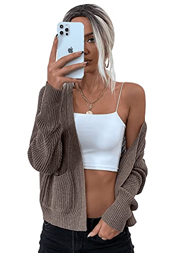 Verdusa Women's Open Front Long Sleeve Knitted Crop Sweater Cardigan With Pocket Mocha Brown S #TOP2