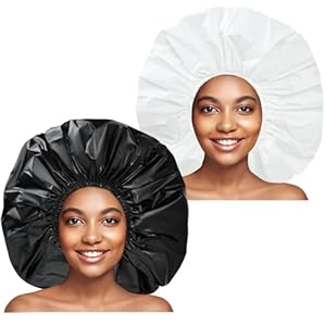 Super Jumbo Shower Cap 2 PCS Waterproof Shower Caps for Women, Extra Large Shower Cap, Reusable Super Large Bath Caps Hair Cap for Long Thick Curly Hair, Locs, Twist Braids – Black + White