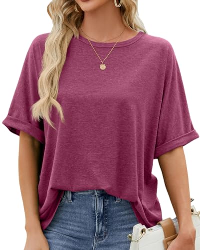 OLIPHEE Mujer Camiseta De Manga Corta Puños Doblados Cuello Redondo Casual Clásica Color Liso Tops Verano Malva L