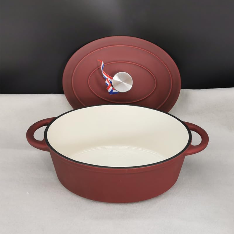 Tegame Terracotta Pentola ovale for stufato di pesce in ghisa rossa glassata, casseruola for zuppa, da 5 a 6 persone, 4,1 l, 27x21, cm