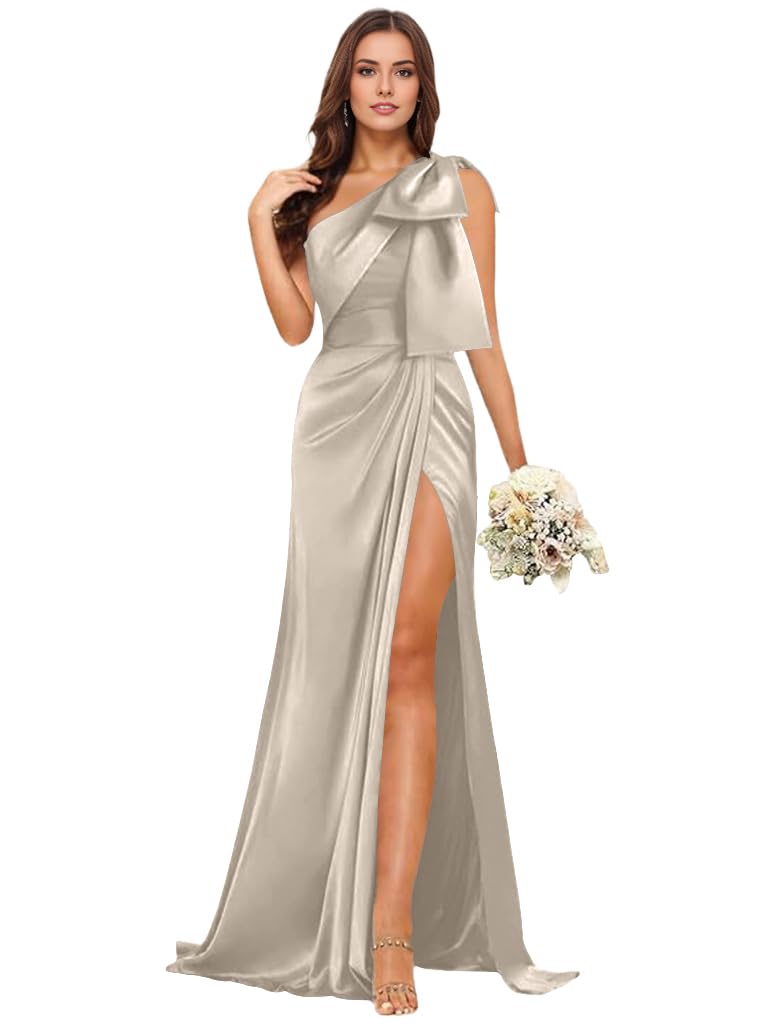 UUJJSO One Shoulder Bridesmaid Dress with Bow Satin Prom Dress Long Mermaid Mother of The Bride Dress with Slit UU156