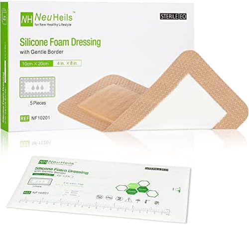Silicone Foam Dressing with Gentle Border for Post-op Surgical Wounds 4''x8'', Absorbent Pad 2''x6'', Pack of 5, Silicone Wound Bandages for Cuts, Abrasions, Bed Sore, Pressure Ulcer