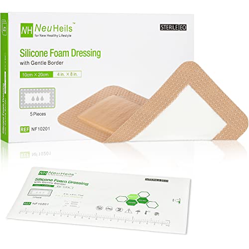 Silicone Foam Dressing With Gentle Border For Post-Op Surgical Wounds 4''X8'', Absorbent Pad 2''X6'', Pack Of 5, Silicone Wound Bandages For Cuts, Abrasions, Bed Sore, Pressure Ulcer #TOP3