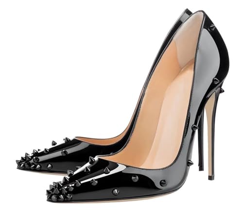 MINITOO Zapatos de tacón sexy para mujer con tacones elegantes, M02 Negro Brillante Tacón 12cm, 38.5 EU