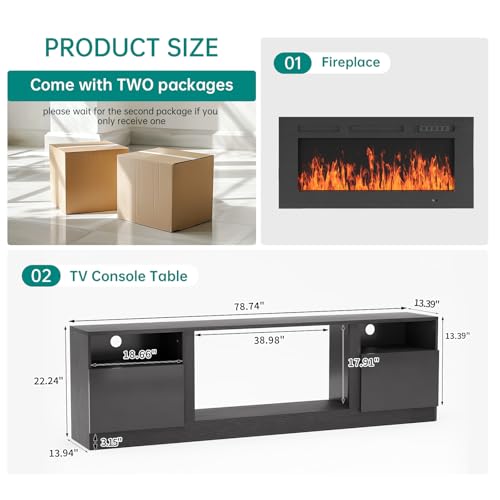 Image of MXV 80 inch Fireplace TV Stand for TVs Up to 90 inch, LED Light Entertainment Center with 36 inch Electric Fireplace, Modern Wood Texture TV Media Console with Highlight Storage Cabinet, Black+Black