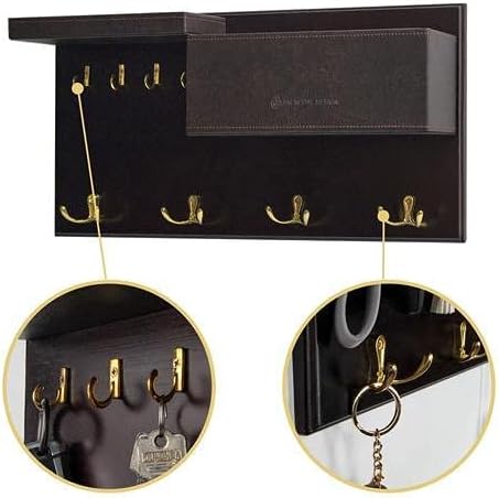 JackCubeDesign Entryway Coat Rack Wall Mount Key Holder Mail Envelope Hook Organizer Clothes Hat Hanger with Faux Brown Leather Shelf and Tray(Solid Wood, 20.5 x 9.1 x 3.4 inches) – :MK362B