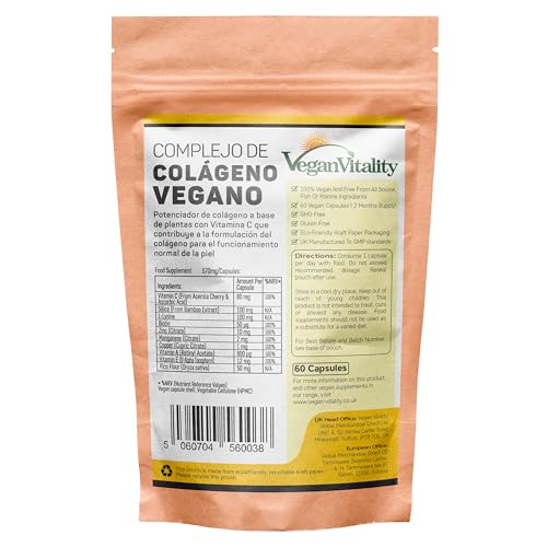 Suplemento De Colágeno Con Biotina, Liosina, Sílice De Bambú, Zinc, Vitamina C, E, Y A Para Piel, Pelo, Uñas, Articulaciones Y Huesos | Suministro De 2 Meses | Vegano Y Vegetariano | Natural