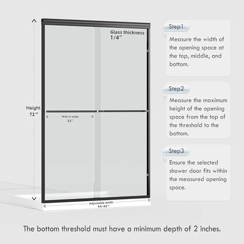 ENSO SENKA 44-48" W x 72" H Semi-Frameless Bypass Sliding Shower Door, Easy-to-Clean Treated Clear Tempered Glass, Matte Black