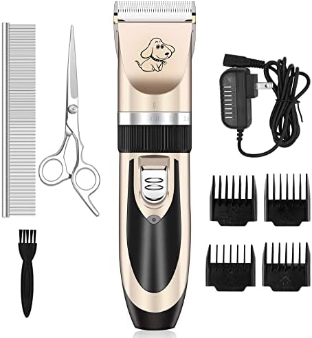 Maxshop Dog Grooming Kit, Low Noise Rechargeable Dogs Shaver Clippers Electric Quiet Dog Hair Trimmer for Dogs and Cats with Comb Guides Scissors Nail Kits (Gold-1)