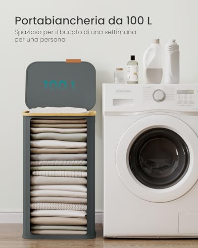 SONGMICS Cesto Portabiancheria con Coperchio, Porta Biancheria Pieghevole, Tessuto Oxford, Telaio in Bambù, Lavanderia, 100 L, 42 x 32 x 70,5 cm, Grigio Ardesia LCB518GN01 - Immagine 3