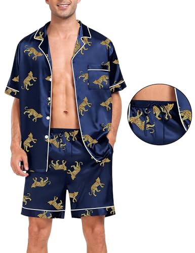SWOMOG Men Silk Pajama Set Short Sleeve Satin PJs Sets 2 Piece Button Down Sleepwear Soft Summer Loungewear with Pockets2