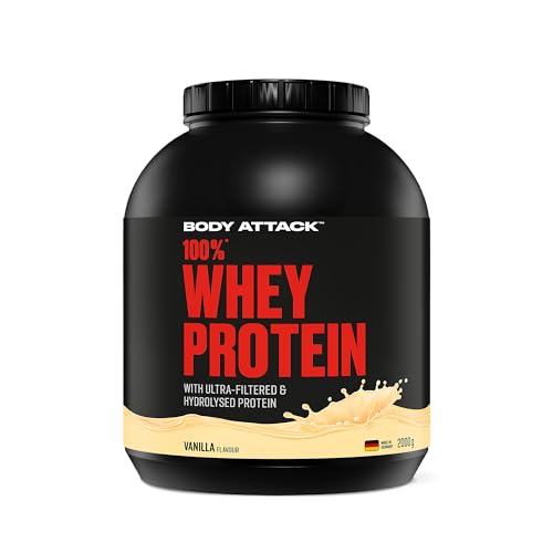 Body Attack 100% Whey Protein Vanilla, 2 kg - Made in Germany - extra cremiges Eiweißpulver mit Hydrolysat und BCAA´s, unterstützt Muskelaufbau und Diäten, für alle Sportler & Athleten