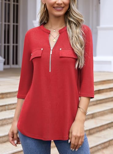 Image of Womens 3 /4 Sleeve Tops Plus Size V Neck Zipper Business Casual Blouses for Office & Going Out Soft Knit Tunics, M-3XL