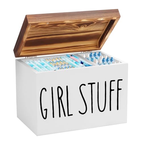 Caja de almacenamiento para baño de madera, 2 compartimentos con tapa para tampones, compresas para mujer y compresas, organizador de artículos de higiene
