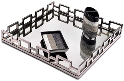 One-Day Sale: Up to 80% Off Le'raze Elegant Mirrored Vanity Tray, Decorative Tray with Square Loop Bars for Display, Perfume, Vanity, Dresser and Bathroom, 14 Inch Glass Tray