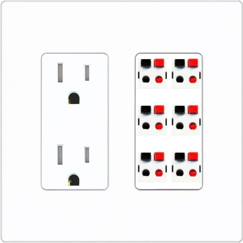 RiteAV 6 Port Speaker Wire Plug Jack Wall Plate - Tamper-Resistant Outlet [Screwless White]