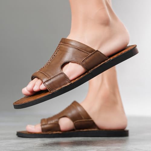 Image of Men's Leather Cutout Slides Sandals Comfortable Lightweight Open Toe Anti-Slip Soft Bottom Slip On Slippers Summer Outdoor Casual Beach Sandals