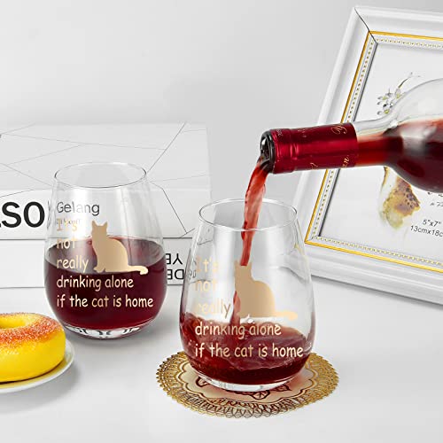 It's Not Really Drinking Alone If The Cat Is Home Wine Glass With Cupcake Wine Socks Gift Set, Cat Lover Wine Glass Set With Bottle Opener 15Oz - Funny Gift For Women Friends Sisters Girls Cat Lover #TOP1