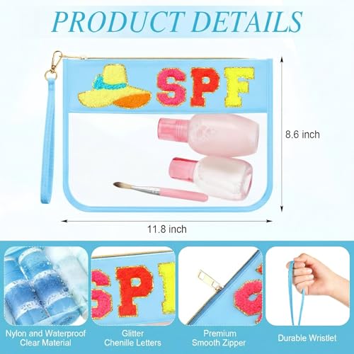 Kacctyen 6 Pcs Spf Bags Chenille Letter Clear Makeup Bag with Zipper Nylon Sunscreen Cosmetic Travel Pouch Transparent Toiletry Storager Gym Beach Bag with Handle for Women Girls(Multicolor, Spf)