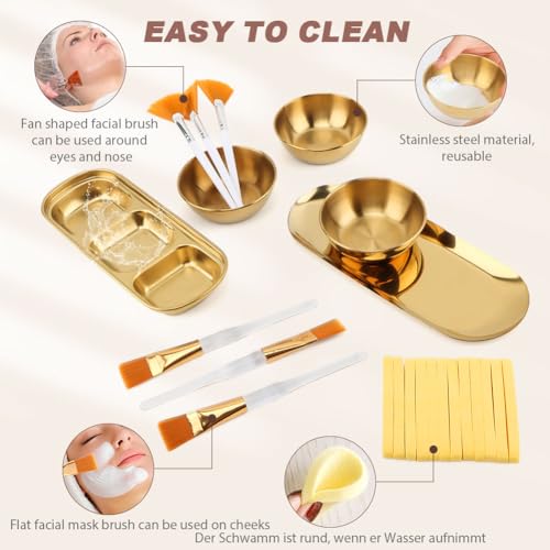 Qirvaten 23Pcs Esthetician Supplies for Facials Set, 3 Gold Mixing Bowls Serving Tray 3- Compartment Serving Tray 3- Facial Fan Brushes 3-- Flat Brushes, 12 Facial Sponge Compressed Round