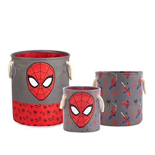 Image of Marvel Spiderman 3-Piece Toy Storage Basket Set - Nesting Fabric Bins with Rope Handles, Multi-Size Organizer for Kids' Toys, Clothes & Accessories, Bedroom or Playroom Decor