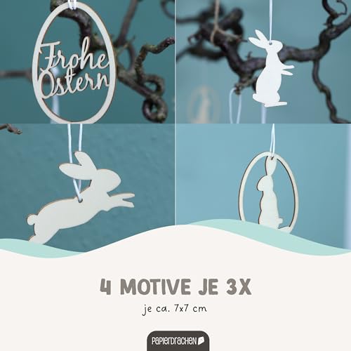 12 Osteranhänger aus Holz - Wiederverwendbare Oster Dekoration 7x7 cm - 1,8cm dick - 4 Verschiedene Designs je 3X - Hasen - Set 2