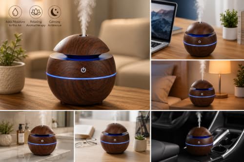 Image of Ultrasonic Aroma Humidifier 130ml USB Essential Oil Diffuser with 7 Color LED Light, Cool Mist Air Humidifier for Home, Office, Bedroom, Yoga, Spa & Car (Wood Grain)
