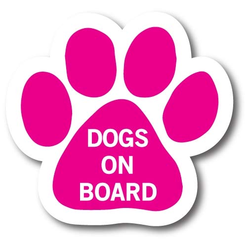 Image of Dogs on Board Pink Pawprint Car Magnet 5 Inch, Dog Lover Gift | Heavy duty magnetic decal for car, truck, SUV or fridge, full color UV printed