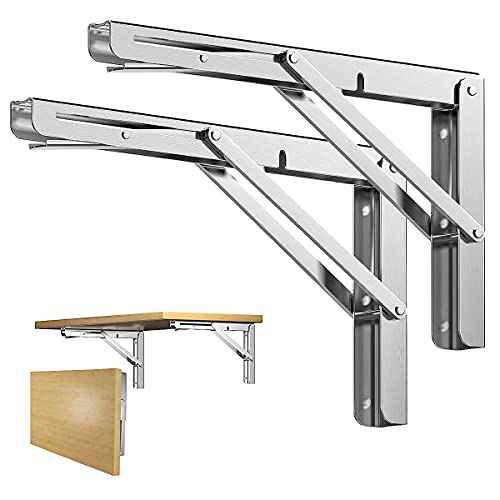 Folding Shelf Brackets 12 inch - 2 PCS Heavy Duty Metal Collapsible Shelf Bracket for Bench Table, Shelf Hinge Wall Mounted Space Saving DIY Bracket, Max Load 300lb