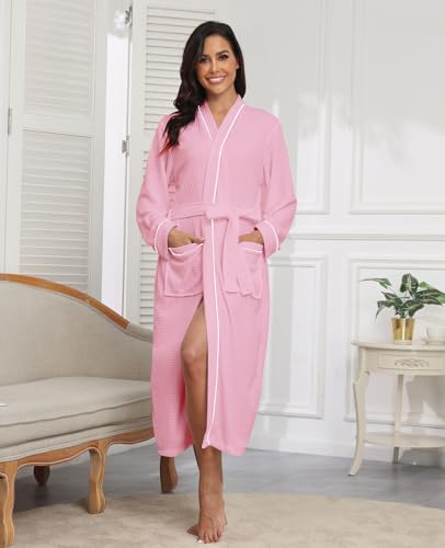 RONGTAI Womens Lightweight Waffle Pink Robes for Women Soft Long Sleeve Bathrobe with Pockets Loungewear for Home Holiday Spa L — view 2