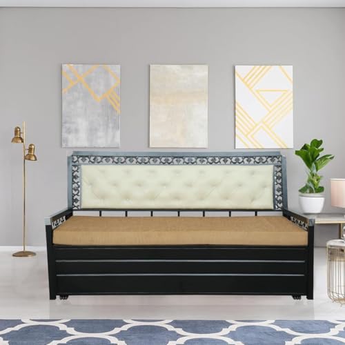 Image of Rexo Metal Sofa Cum Bed with Hydraulic Storage | 3 Seater Convertible Sofa Bed for Living Room | Heavy Duty Metal FrameMatte Black Finish with Light Brown Cushion, Queen