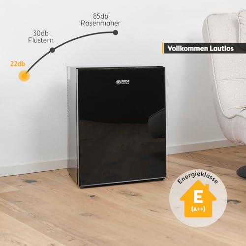TZS First Austria - Mini Kühlschrank 40L lautlos - Kleiner Minikühlschrank wechselbarer Türanschlag & Innenbeleuchtung - Minibar für Camping, Büro, Schlafzimmer & Hotel - Glasfront