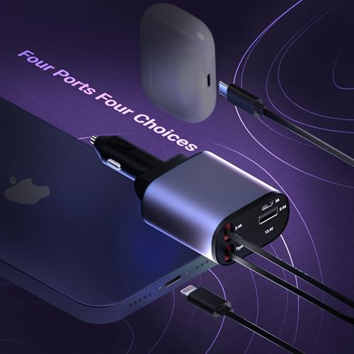 Image of AILKIN Car Charger Fast Charging 120W, 4 in 1 Retractable Car Charger Type C, Car Phone Charger with 2 USB Ports, Car Adapter for iPhone 17 /16 /15 /14 /13 /12 /11, iPad, Android Phones, Dash Cam
