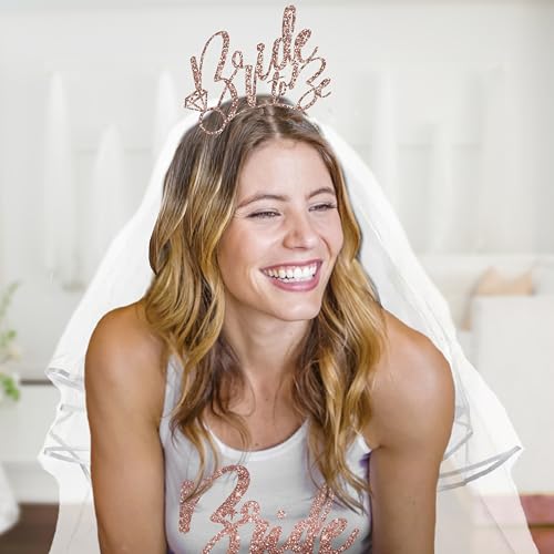 Bride Sash and Veil - Set of 3: Rose Gold Glam Bride to Be White Bridal Grade Satin Sash, Matching Headband, & White Veil - Bachelorette Party Outfit Idea - Gift Set3(SLV Dia)2