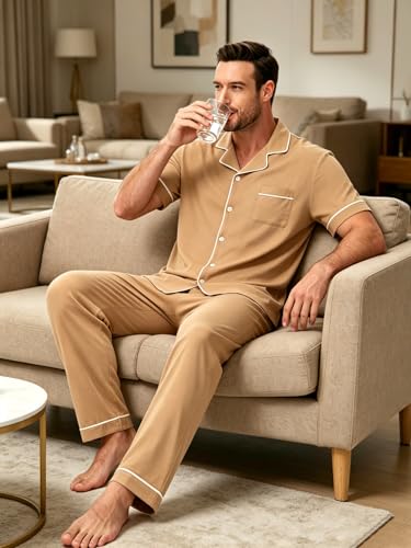 Image of Mens Pajamas Set Short Sleeve Sleepwear Button Down Loungewear Set Soft Modal 2Pcs Pj Set with Pockets S-3XL