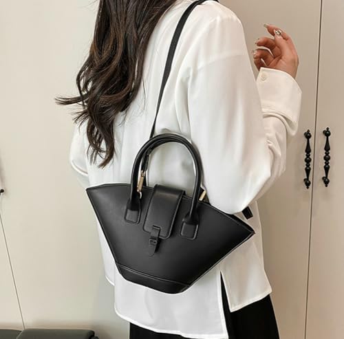 Trendy Fan-shaped Bucket Bag for Women Retro PU Leather Shoulder Crossbody Bag with Top Handle Satchel Purse2