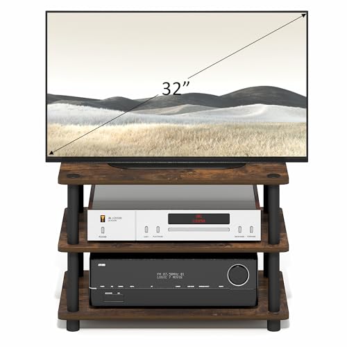 Image of Furinno Turn-N-Tube TV Stand, 3-Tier Corner Entertainment Center with Shelves, Toolless TV Console for TV up to 32 Inch, Open Back, Easy Assembly, for Living Room, Bedroom, Amber Pine