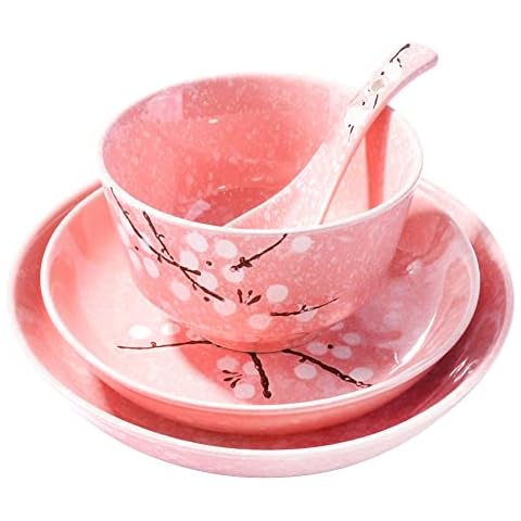 Whitenesser 4-Piece Dinnerware Set, Plate, Dish, Bowl, Spoon, Japanese Hand-painted Tableware set(Pink plum) Cover