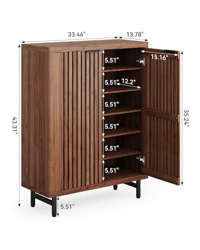 LITTLE TREE 6-Tier Shoe Cabinet with Doors for Up to 24 Pairs, Large Wooden Shoes Cabinet with Adjustable Shelves, Retro Freestanding Shoe Organizer for Entryway, Hallway, Brown