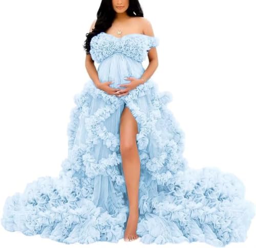 YIANN Mutterkleid mit nackten Schultern, langer Mantel für Fotografie, Tüll, Rüschen, Schwangerschaftskleid für Baby-Duschen, Hellblau, 38