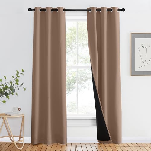 Image of NICETOWN 100% Blackout Curtains Thermal, Noise Reduction and Privacy Curtains for Patio Door, Black Lined Blackout Drapes with Grommet Top, Cappuccino, 1 Pair, W37 x L80