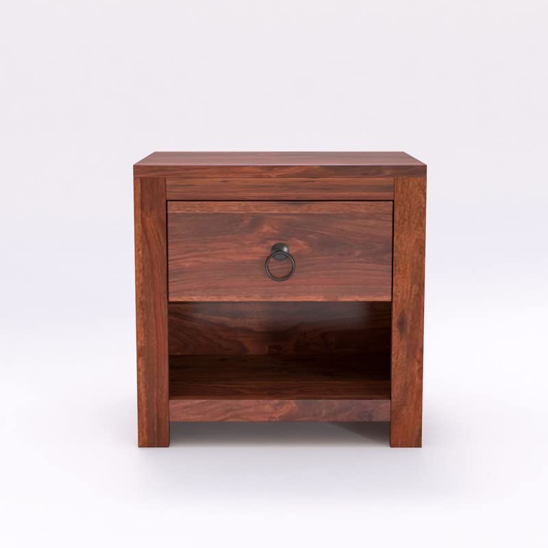 Image of Solid Wood Sheesham End Table with 1 Drawer and 1 Shelf Modern Design - Honey Finish