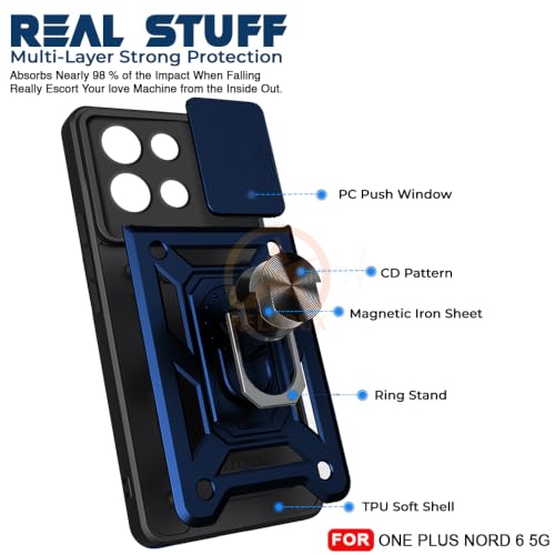 Image of Armor Bumper Back Cover Case for OnePlus Nord 6 5G | Rotating Camera Cover, Ring Holder & Kickstand | Heavy Duty & 360 Degree Protection Back Cover (Blue)