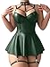 Foxiny Sexy Strappy Leather Underwire Choker Garter Belt Mini Lingerie Set Dress with Thong 3 Piece Women Pu Latex Push Up Night Wear Outfits Green X-Large