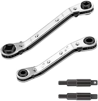 HVAC Service Wrench 3/8" 5/16" 3/16" 1/4" Air Conditioner Valve Ratchet Wrench with 2 Hexagon Bit for Refrigeration Equipment Tools Equipment Repair