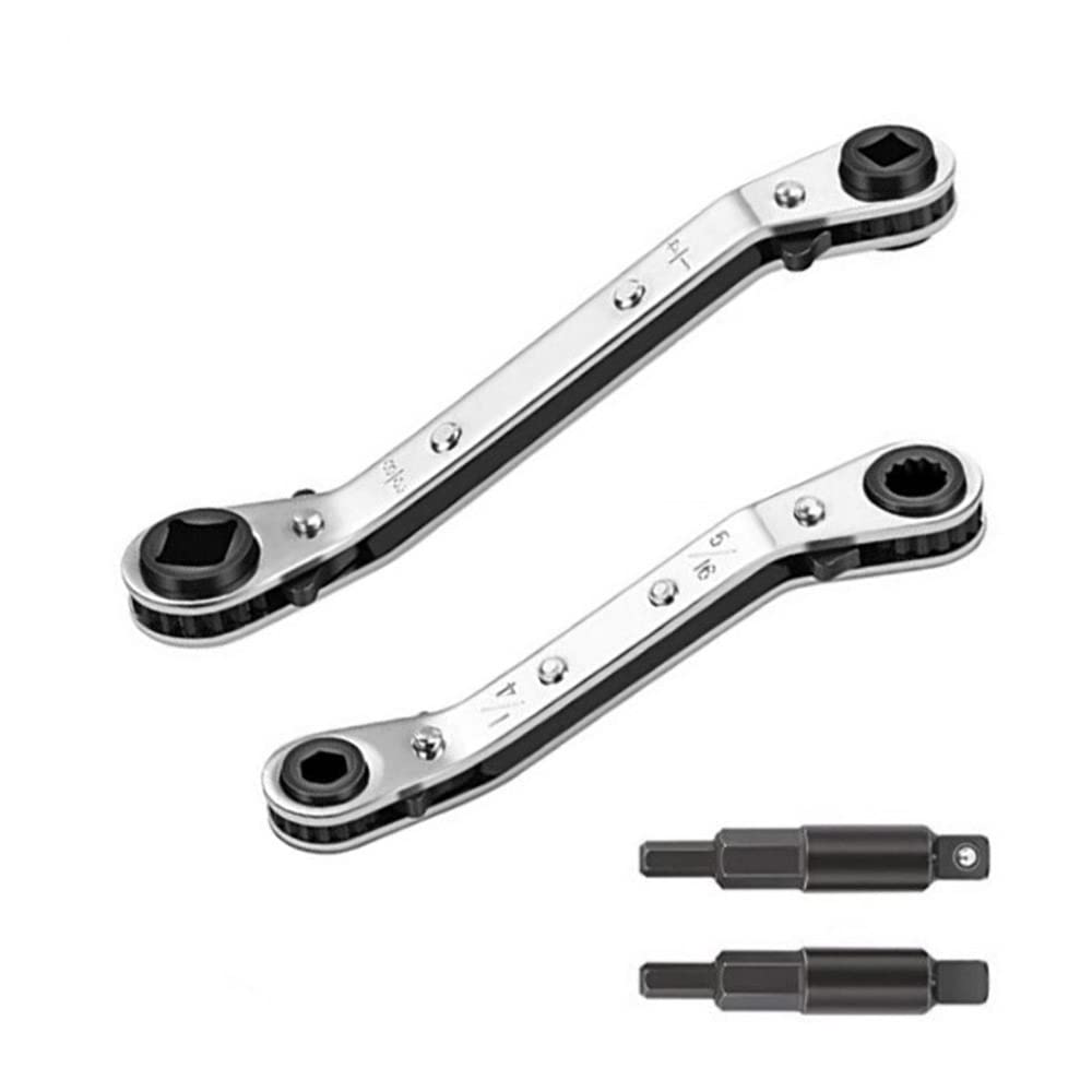 HVAC Service Wrench 3/8" 5/16" 3/16" 1/4" Air Conditioner Valve Ratchet Wrench with 2 Hexagon Bit for Refrigeration Equipment Tools Equipment Repair